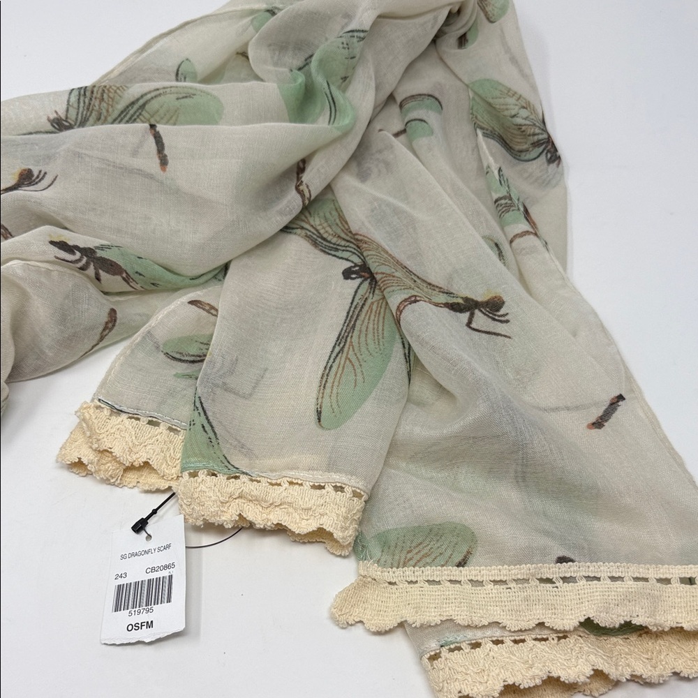 Women’s Vintage Beige Dragonfly Scarf 70x20” - Picture 2 of 6